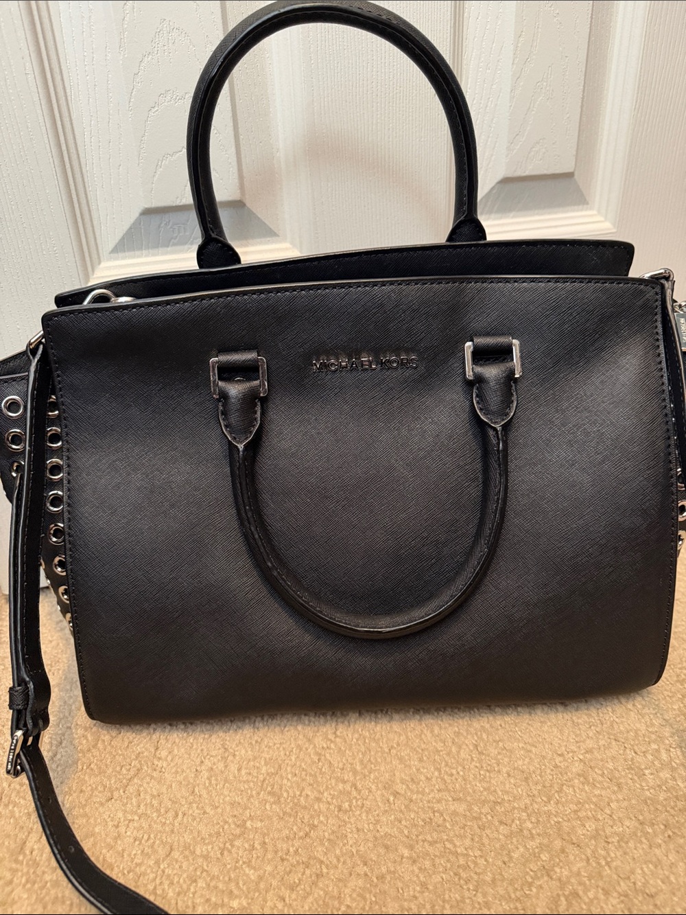 Michael Kors Black Saffiano Satchel with Studded Side Detail